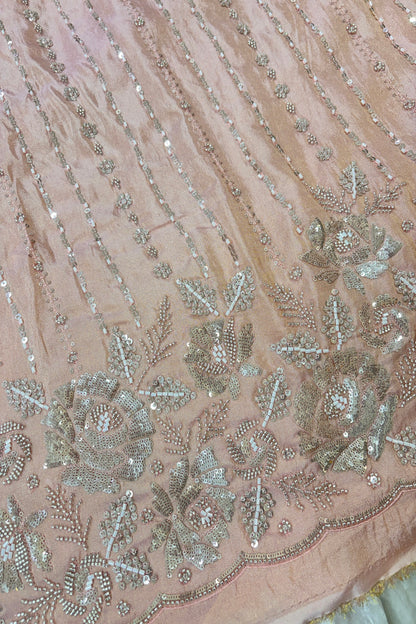 Sequins & Cutbeads Floral Bunches With Vertical Lines Embroidered Uppada Tissue Fabric