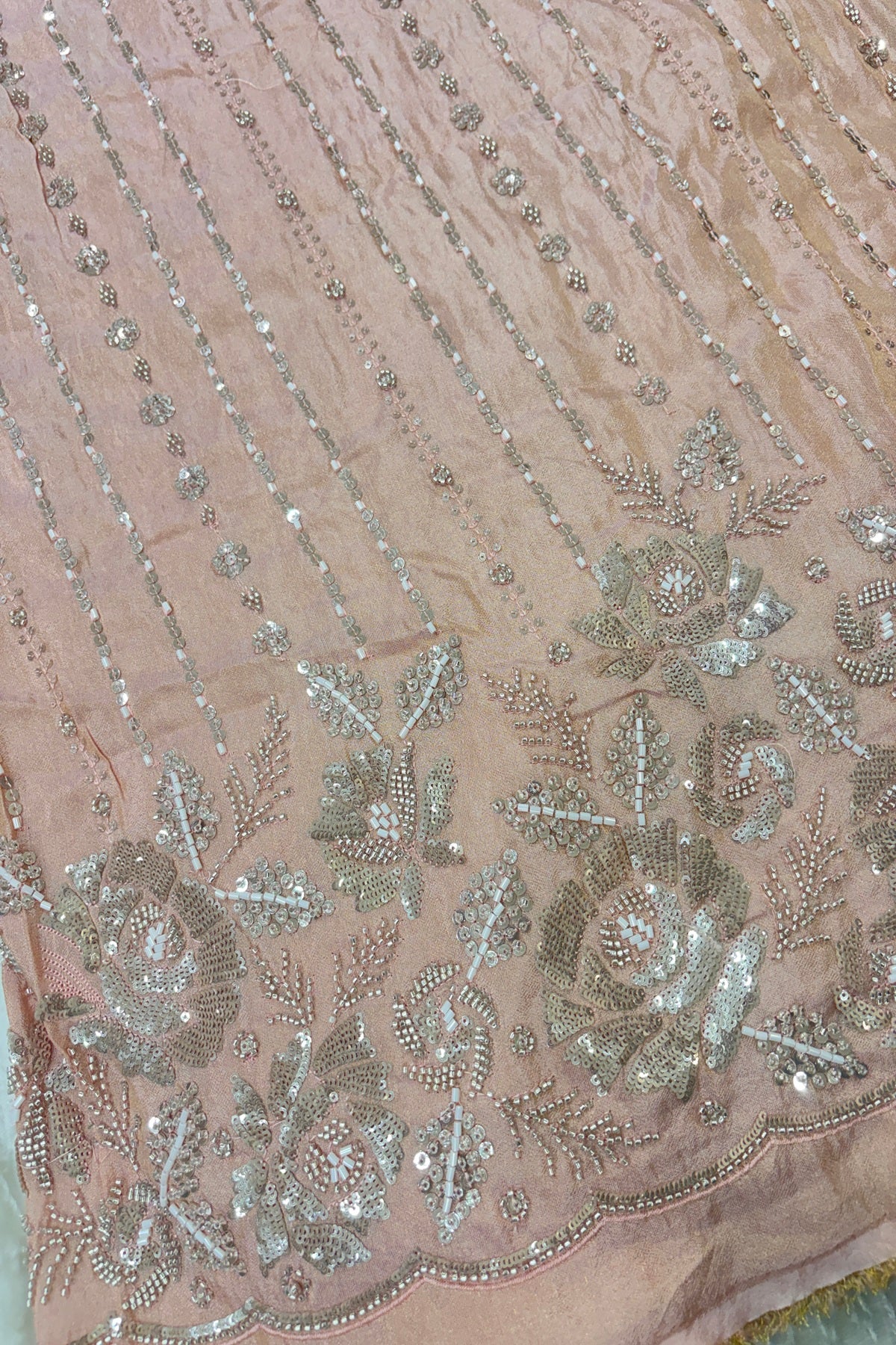 Sequins & Cutbeads Floral Bunches With Vertical Lines Embroidered Uppada Tissue Fabric