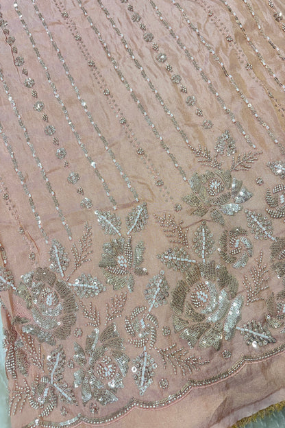 Sequins & Cutbeads Floral Bunches With Vertical Lines Embroidered Uppada Tissue Fabric