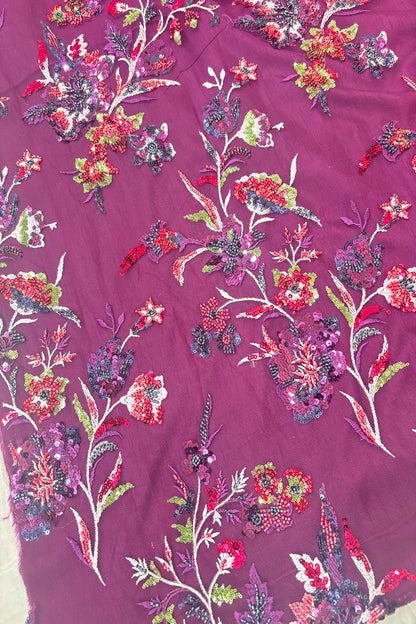 Midnight Violet Floral Bunches Embroidered With Multi Thread & Multi Sequins Net Fabric