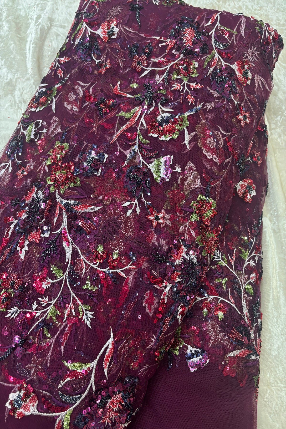 Midnight Violet Floral Bunches Embroidered With Multi Thread & Multi Sequins Net Fabric