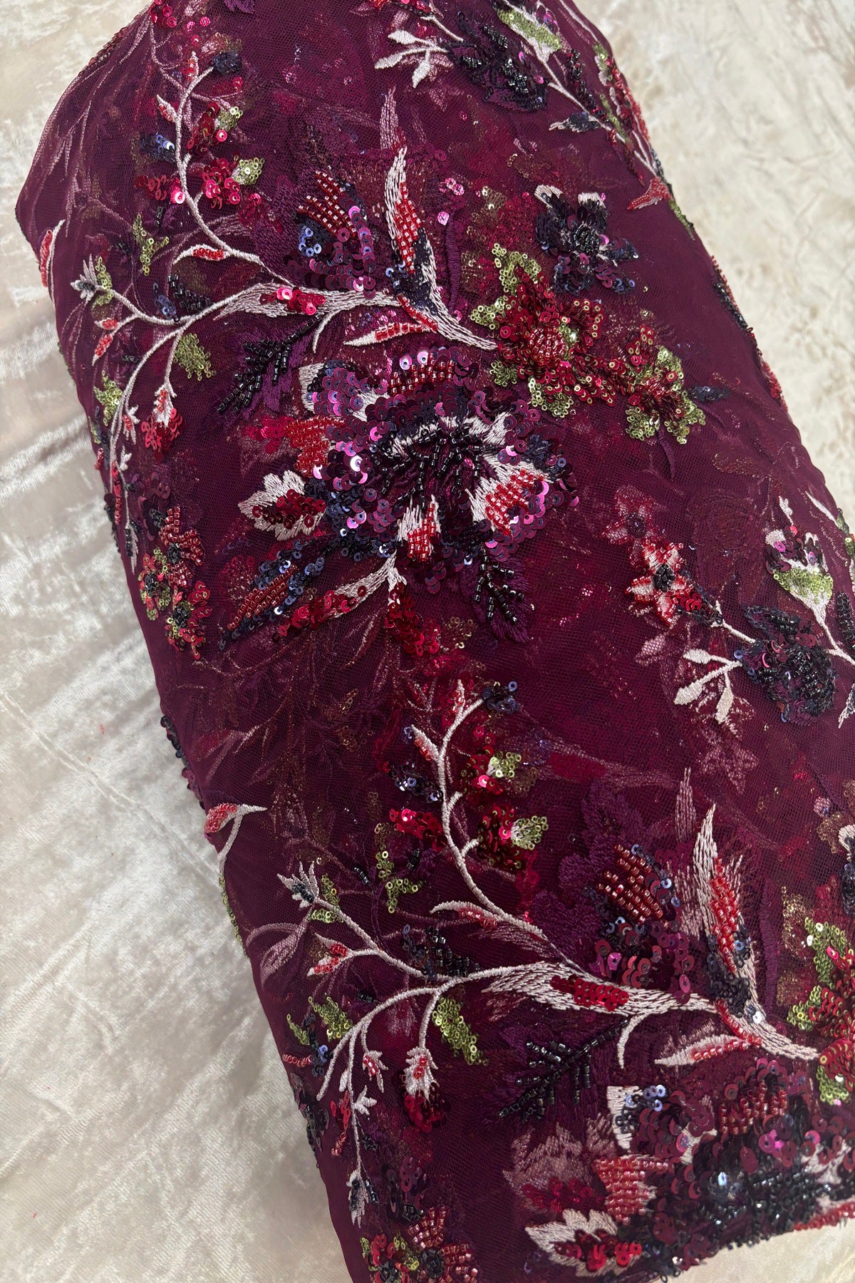 Midnight Violet Floral Bunches Embroidered With Multi Thread & Multi Sequins Net Fabric