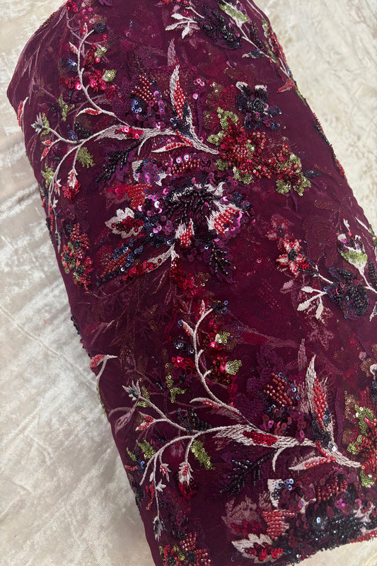 Midnight Violet Floral Bunches Embroidered With Multi Thread & Multi Sequins Net Fabric