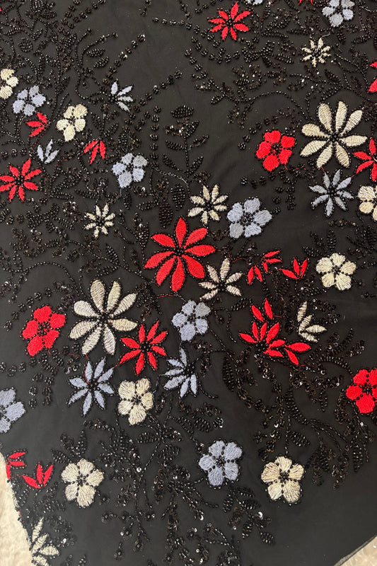 Red,Grey & Silver Zari Thread Floral Embroidered Highlighted With Cutbeads & Sequins Black Net Fabric