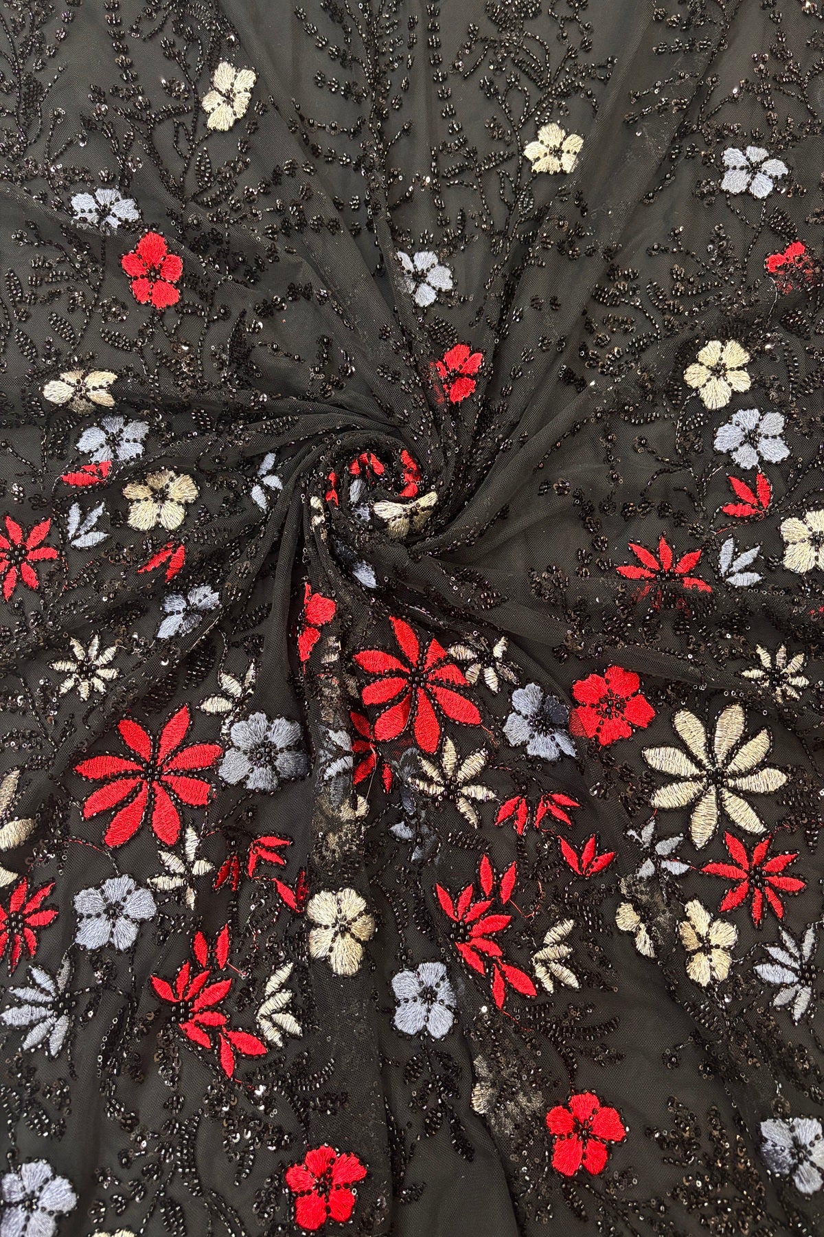 Red,Grey & Silver Zari Thread Floral Embroidered Highlighted With Cutbeads & Sequins Black Net Fabric