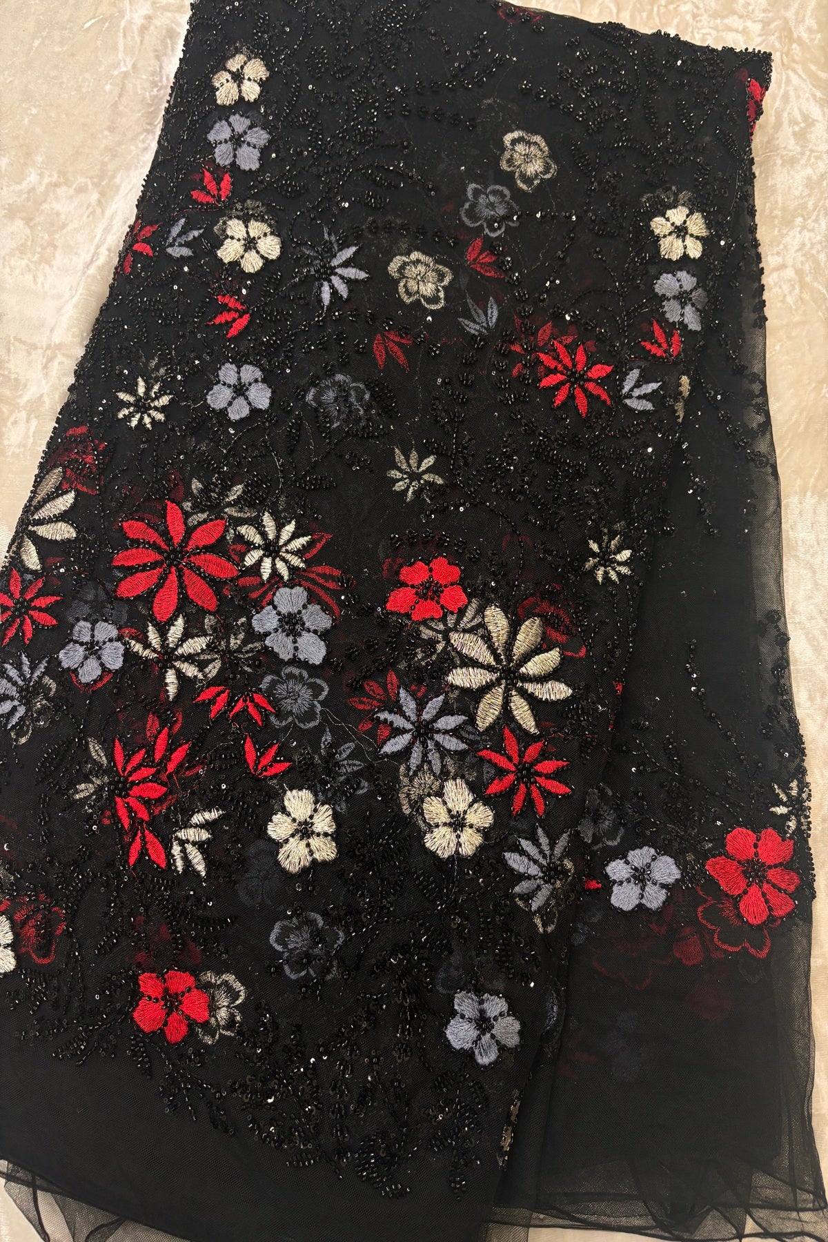 Red,Grey & Silver Zari Thread Floral Embroidered Highlighted With Cutbeads & Sequins Black Net Fabric