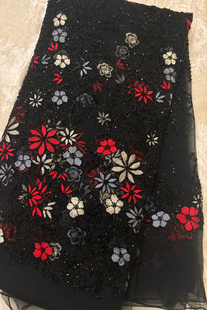 Red,Grey & Silver Zari Thread Floral Embroidered Highlighted With Cutbeads & Sequins Black Net Fabric
