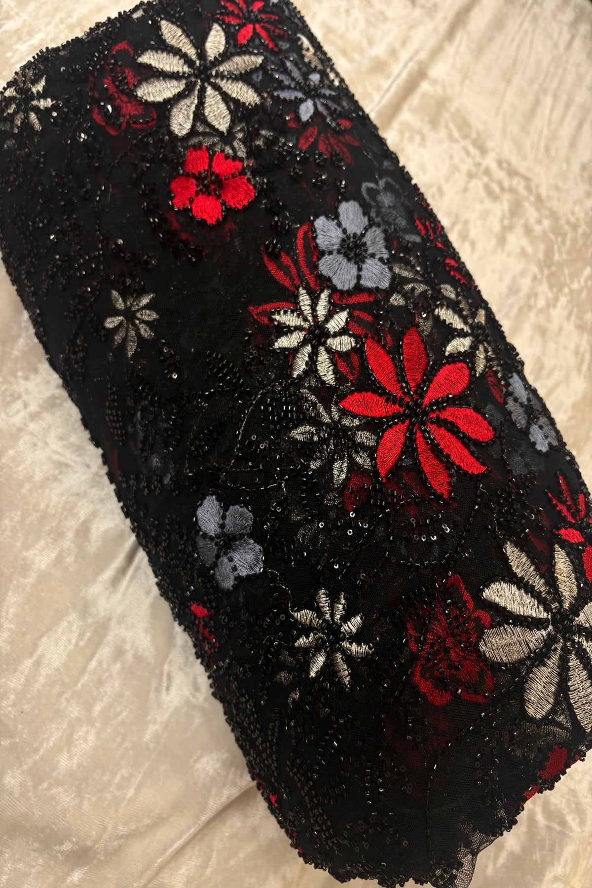 Red,Grey & Silver Zari Thread Floral Embroidered Highlighted With Cutbeads & Sequins Black Net Fabric