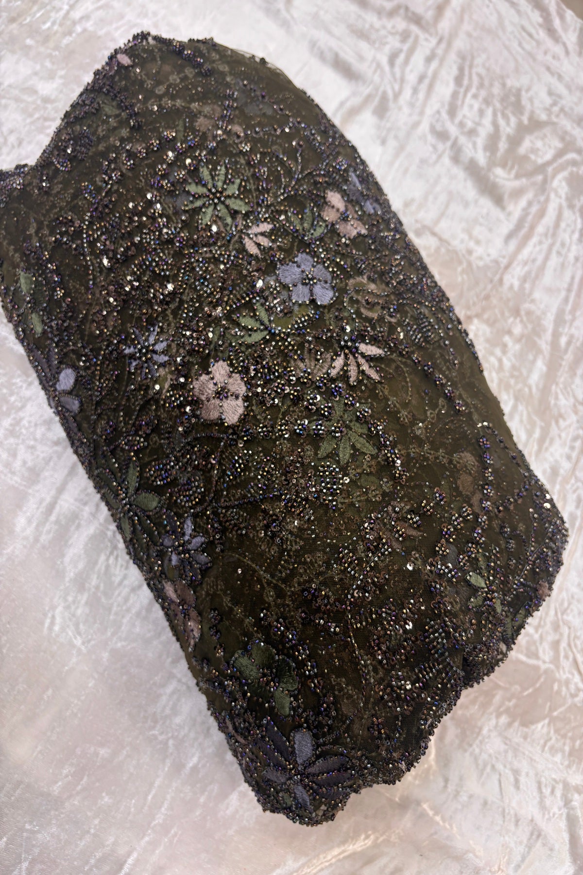 Olive Green,Blue Grey & Mauve Floral Embroidery Highlighted With Black Rainbow Cutbeads & Sequins Net Fabric