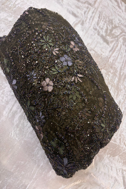 Olive Green,Blue Grey & Mauve Floral Embroidery Highlighted With Black Rainbow Cutbeads & Sequins Net Fabric