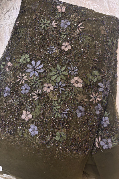 Olive Green,Blue Grey & Mauve Floral Embroidery Highlighted With Black Rainbow Cutbeads & Sequins Net Fabric
