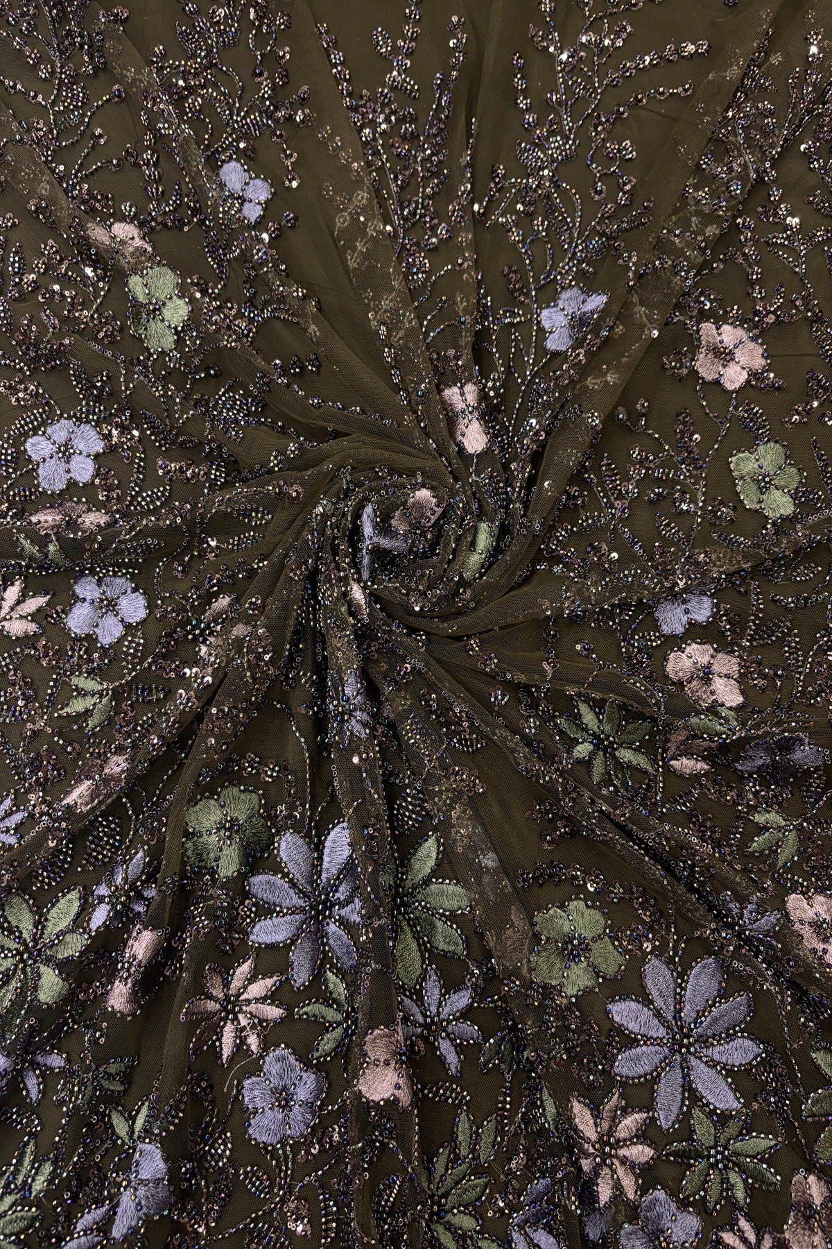 Olive Green,Blue Grey & Mauve Floral Embroidery Highlighted With Black Rainbow Cutbeads & Sequins Net Fabric