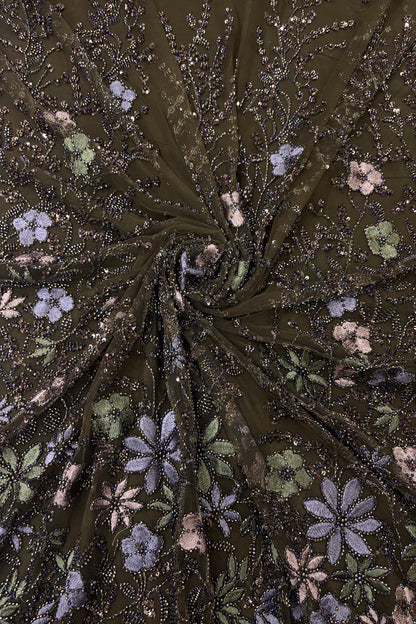 Olive Green,Blue Grey & Mauve Floral Embroidery Highlighted With Black Rainbow Cutbeads & Sequins Net Fabric