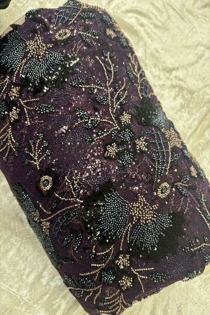 Black & Silver Sequins Ascending Floral Embroidered Net Fabric