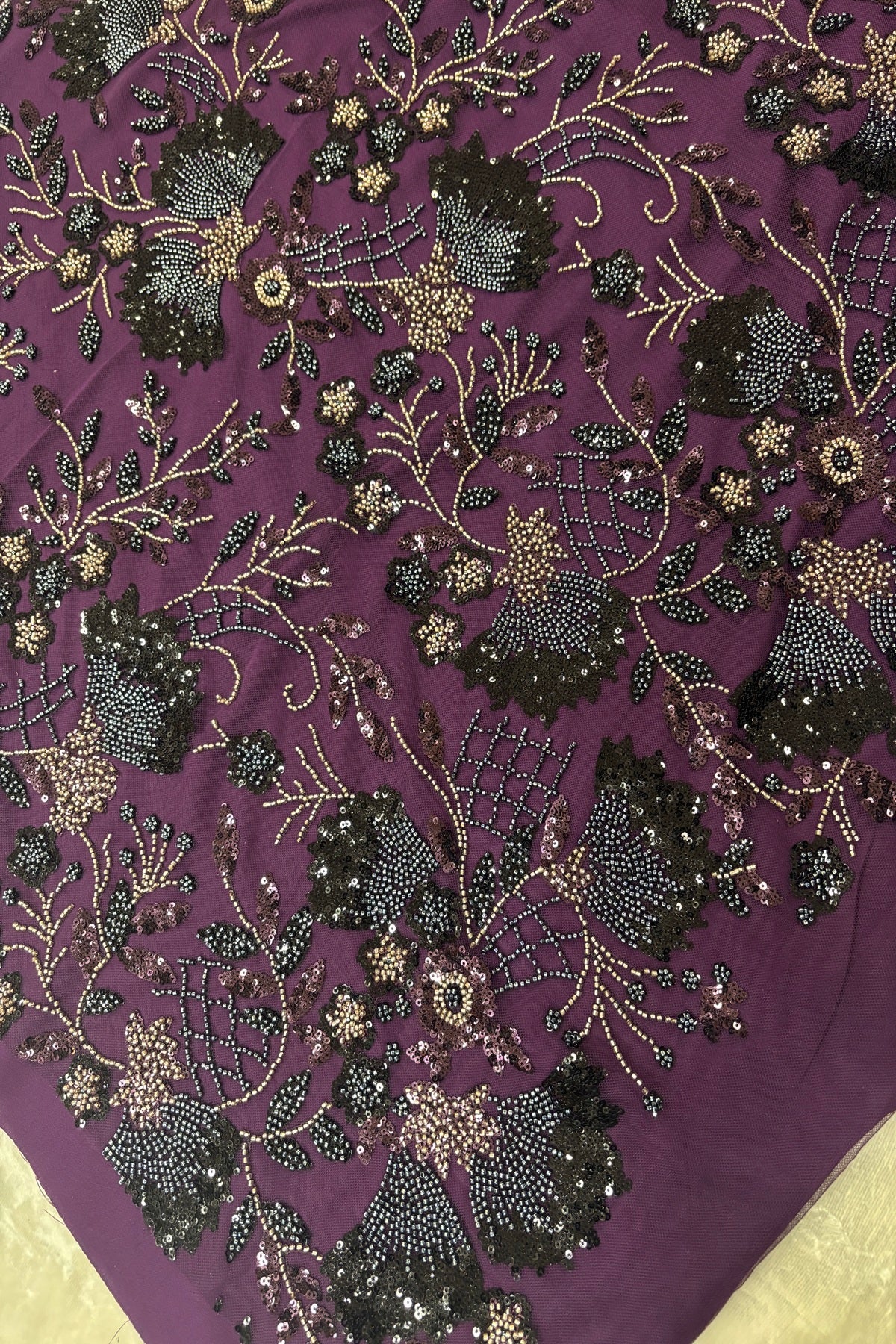 Black & Silver Sequins Ascending Floral Embroidered Net Fabric