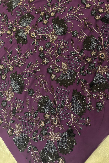 Black & Silver Sequins Ascending Floral Embroidered Net Fabric