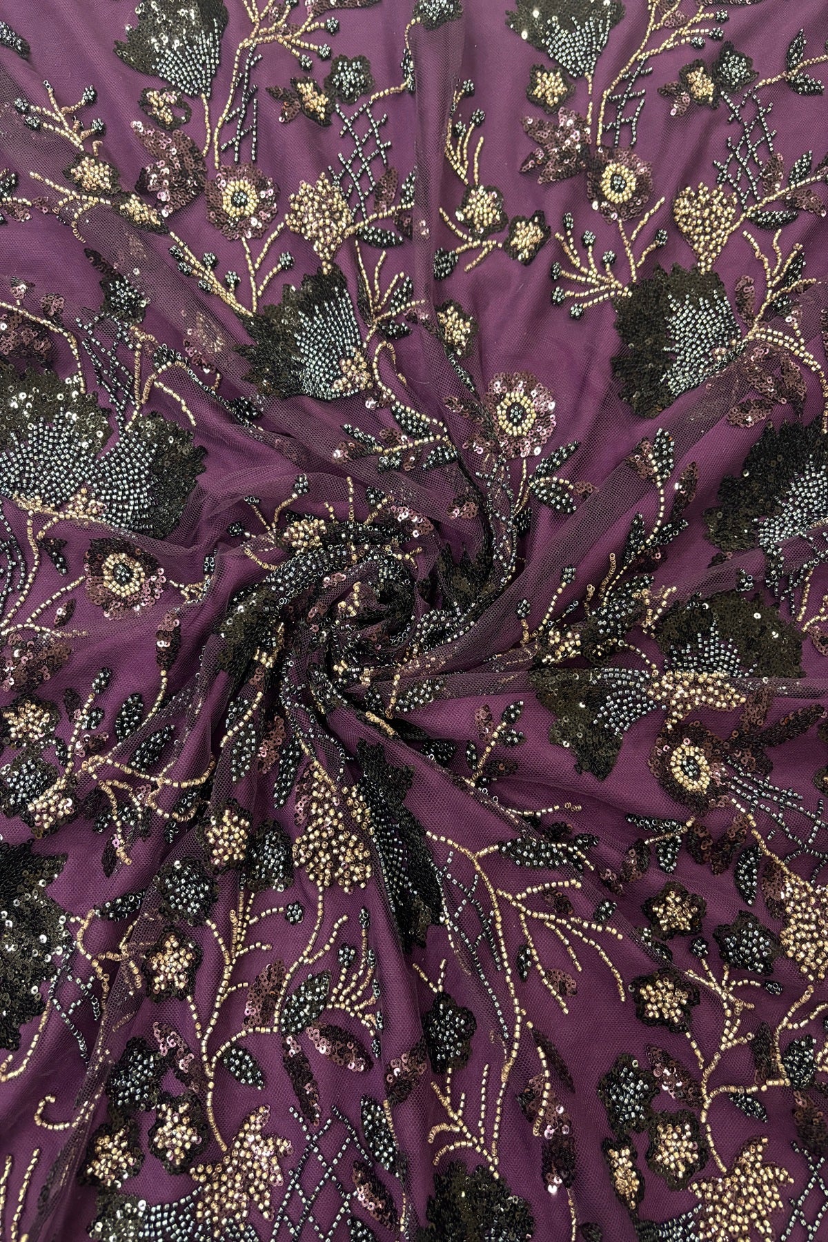 Black & Silver Sequins Ascending Floral Embroidered Net Fabric