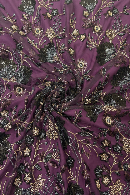 Black & Silver Sequins Ascending Floral Embroidered Net Fabric