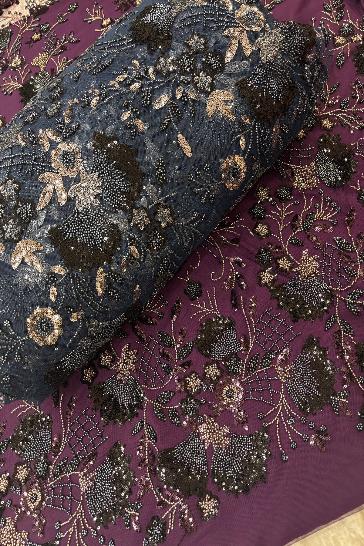 Black & Silver Sequins Ascending Floral Embroidered Net Fabric