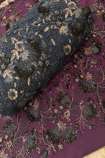 Black & Silver Sequins Ascending Floral Embroidered Net Fabric