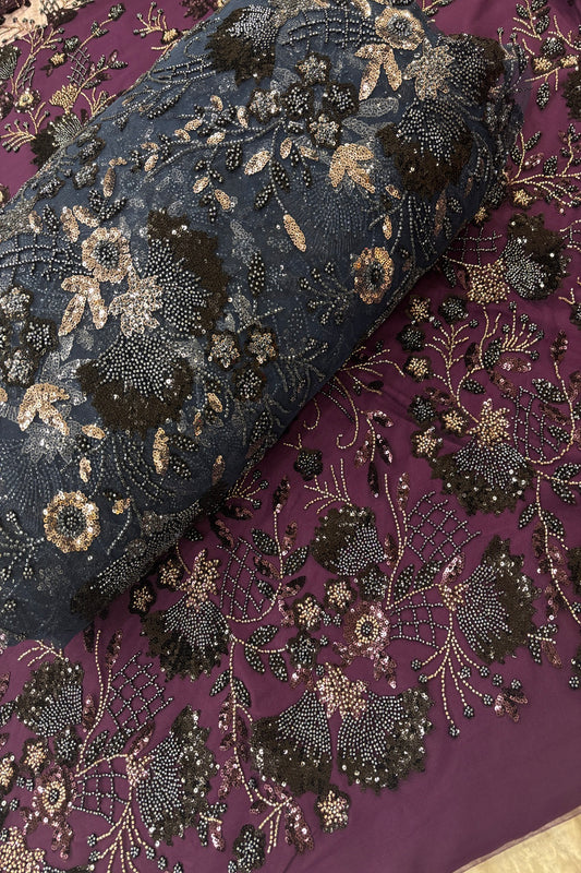 Black & Silver Sequins Ascending Floral Embroidered Net Fabric