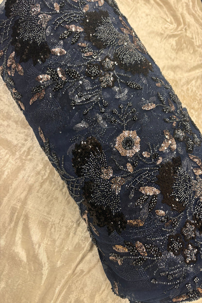 Black & Silver Sequins Ascending Floral Embroidered Net Fabric