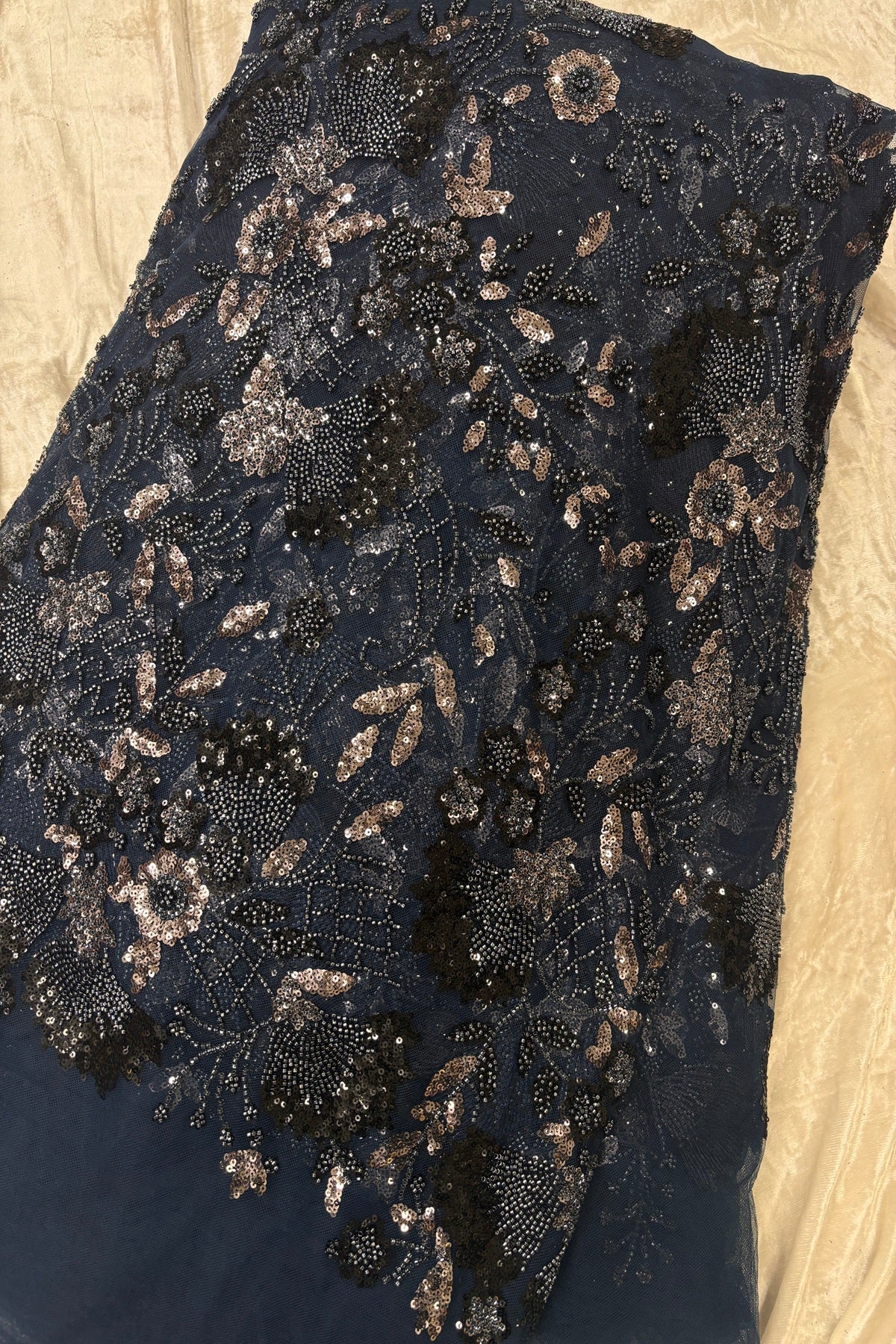 Black & Silver Sequins Ascending Floral Embroidered Net Fabric