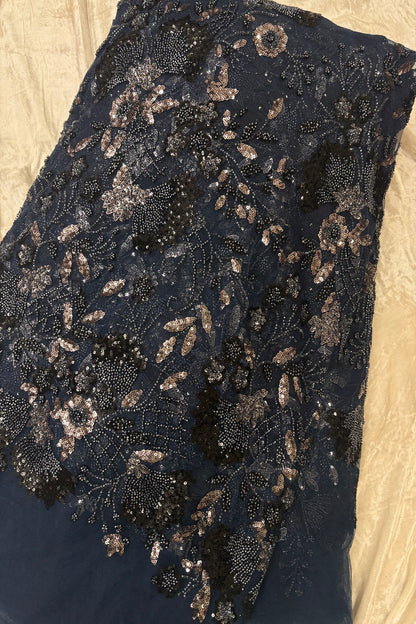Black & Silver Sequins Ascending Floral Embroidered Net Fabric