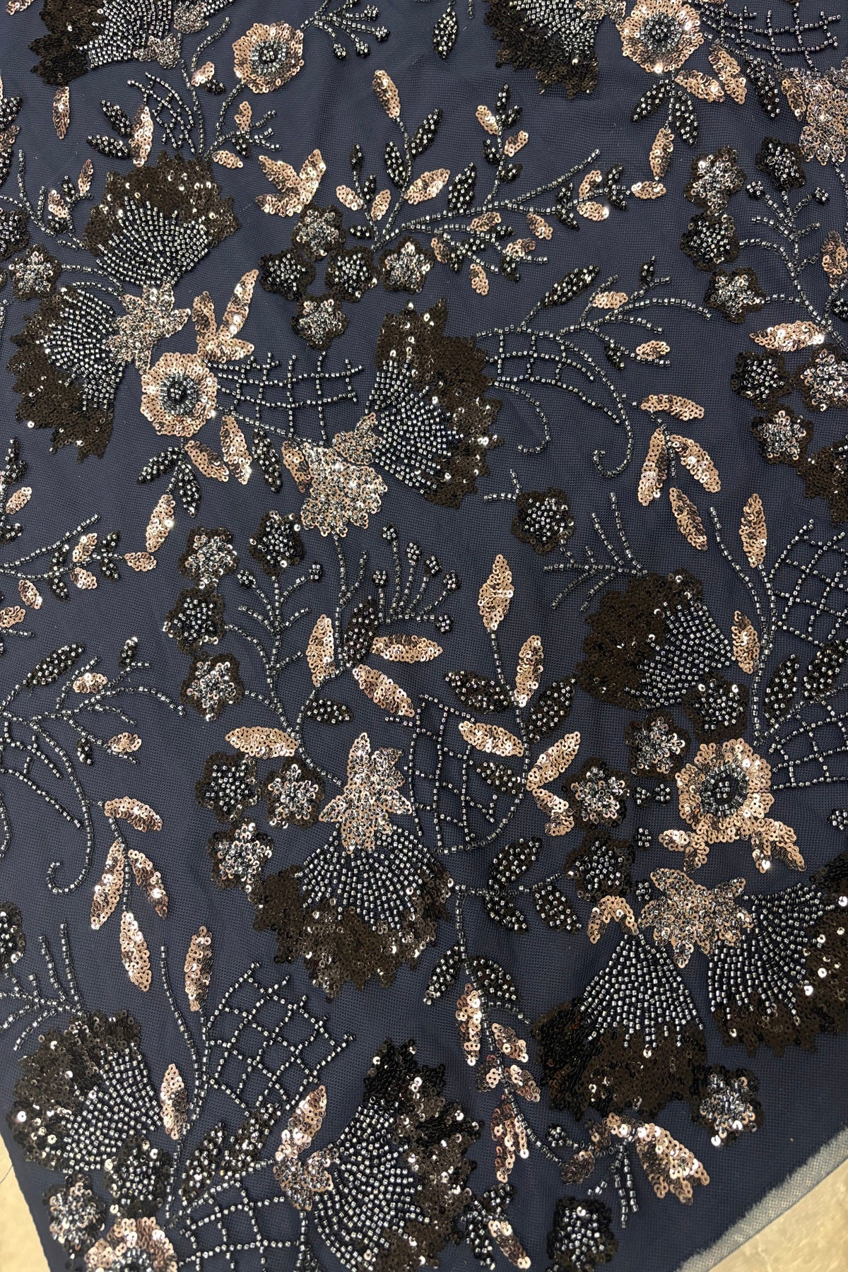 Black & Silver Sequins Ascending Floral Embroidered Net Fabric