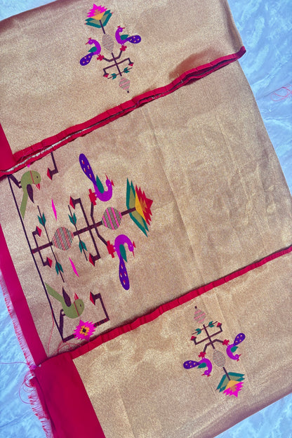 Traditional Mor Poppat Floral Bunch Paithani Woven Blouse Fabric (1 Mtr Cut)