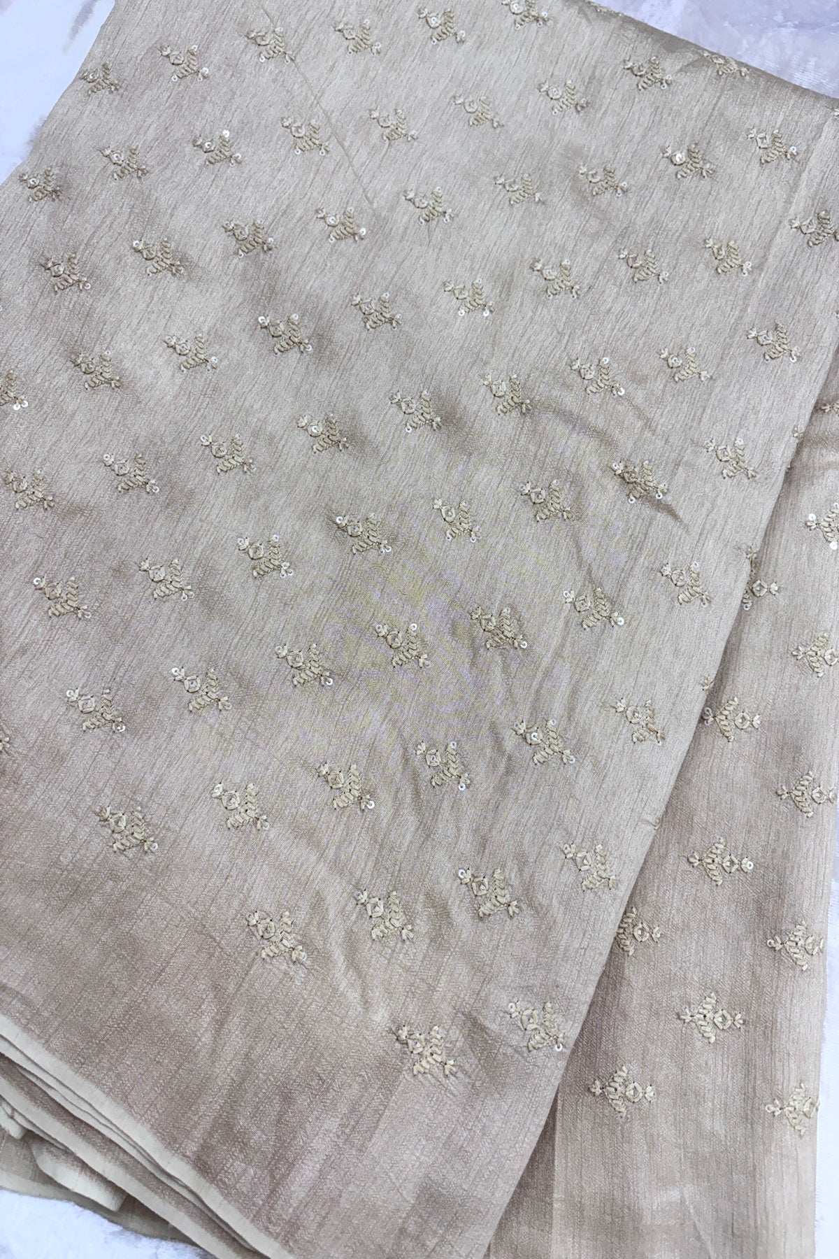 Mughal Embroidered Self Floral Butties With Sequins Highlighted Falling Raw Silk Fabric