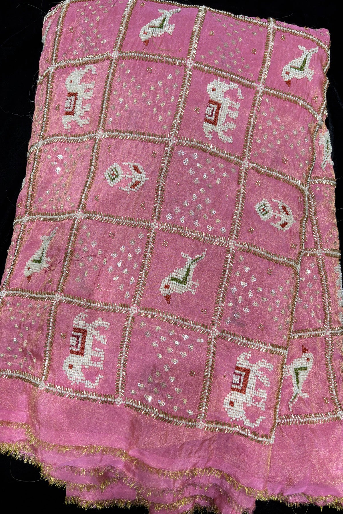 Patola Inspired Cut Beads & Pearls Embroidered Uppada TIssue Fabric