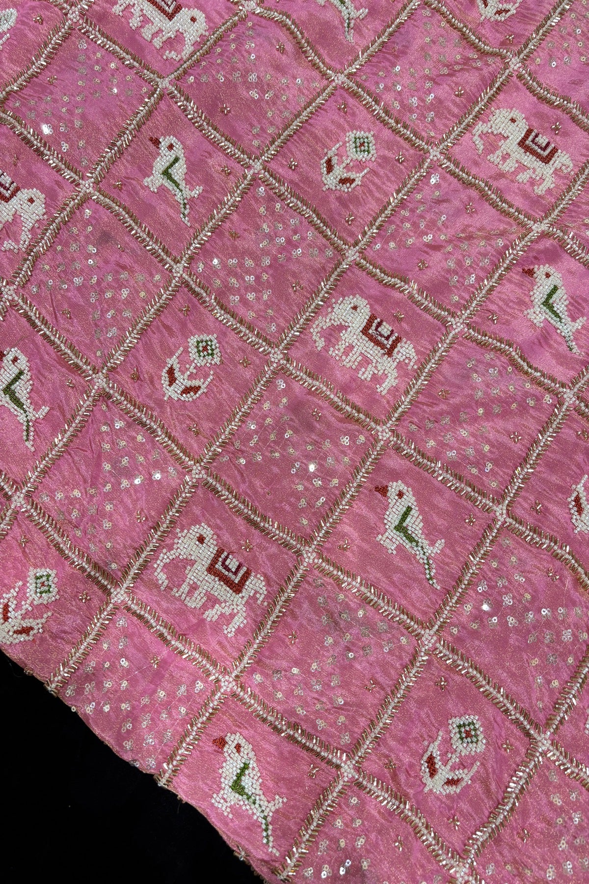 Patola Inspired Cut Beads & Pearls Embroidered Uppada TIssue Fabric