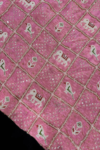 Patola Inspired Cut Beads & Pearls Embroidered Uppada TIssue Fabric