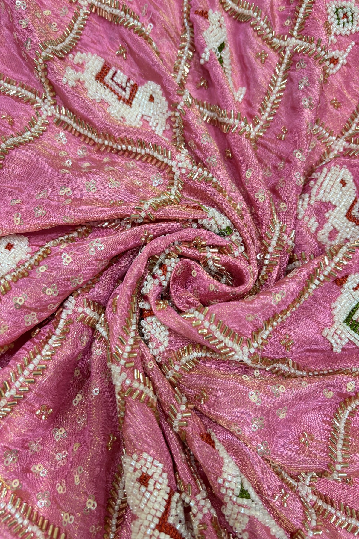 Patola Inspired Cut Beads & Pearls Embroidered Uppada TIssue Fabric