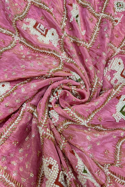 Patola Inspired Cut Beads & Pearls Embroidered Uppada TIssue Fabric
