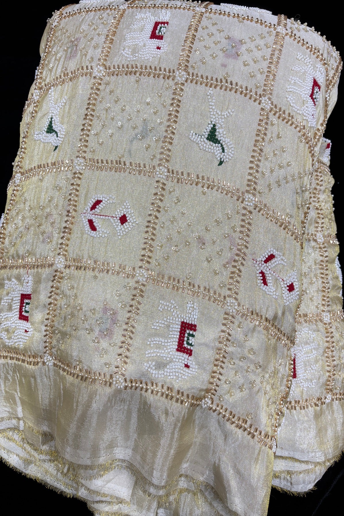 Patola Inspired Cut Beads & Pearls Embroidered Uppada TIssue Fabric