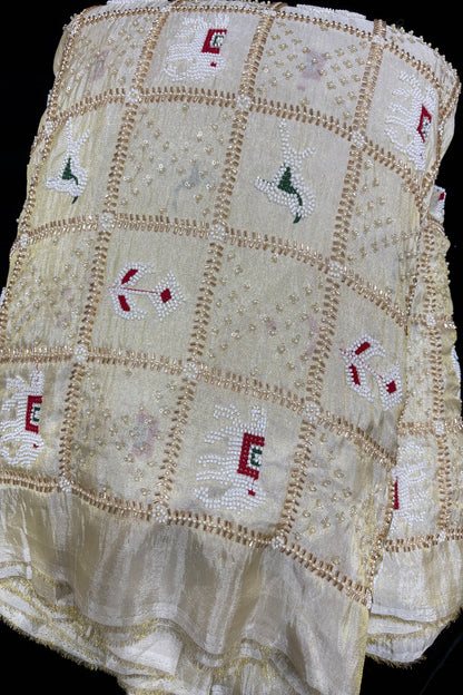 Patola Inspired Cut Beads & Pearls Embroidered Uppada TIssue Fabric