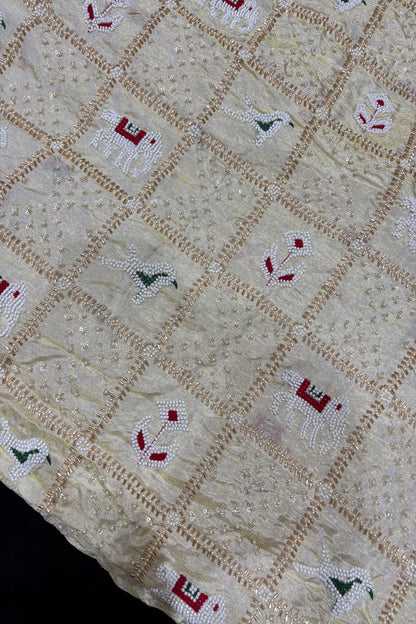 Patola Inspired Cut Beads & Pearls Embroidered Uppada TIssue Fabric