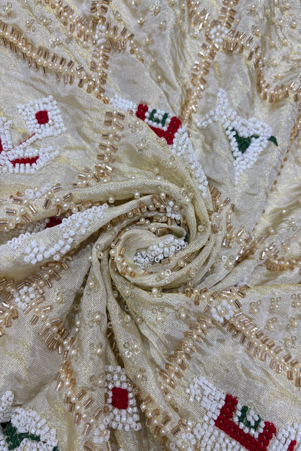 Patola Inspired Cut Beads & Pearls Embroidered Uppada TIssue Fabric
