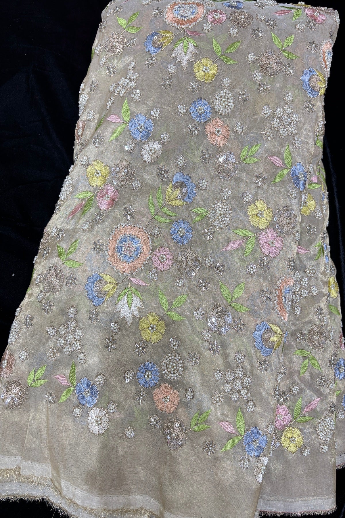 Multi Thread Floral Embroidery with Cutbeads & Pearls Highlighted Tissue Fabric