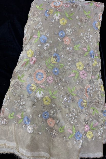Multi Thread Floral Embroidery with Cutbeads & Pearls Highlighted Tissue Fabric