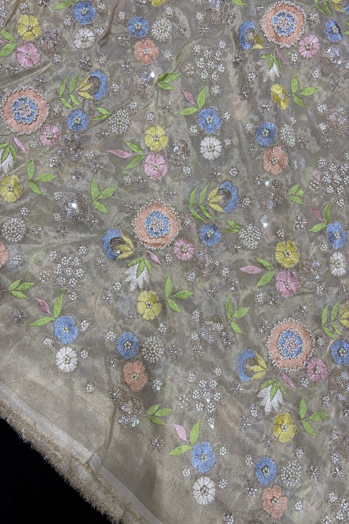 Multi Thread Floral Embroidery with Cutbeads & Pearls Highlighted Tissue Fabric