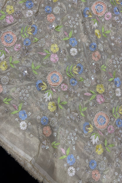 Multi Thread Floral Embroidery with Cutbeads & Pearls Highlighted Tissue Fabric