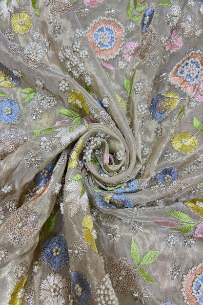 Multi Thread Floral Embroidery with Cutbeads & Pearls Highlighted Tissue Fabric