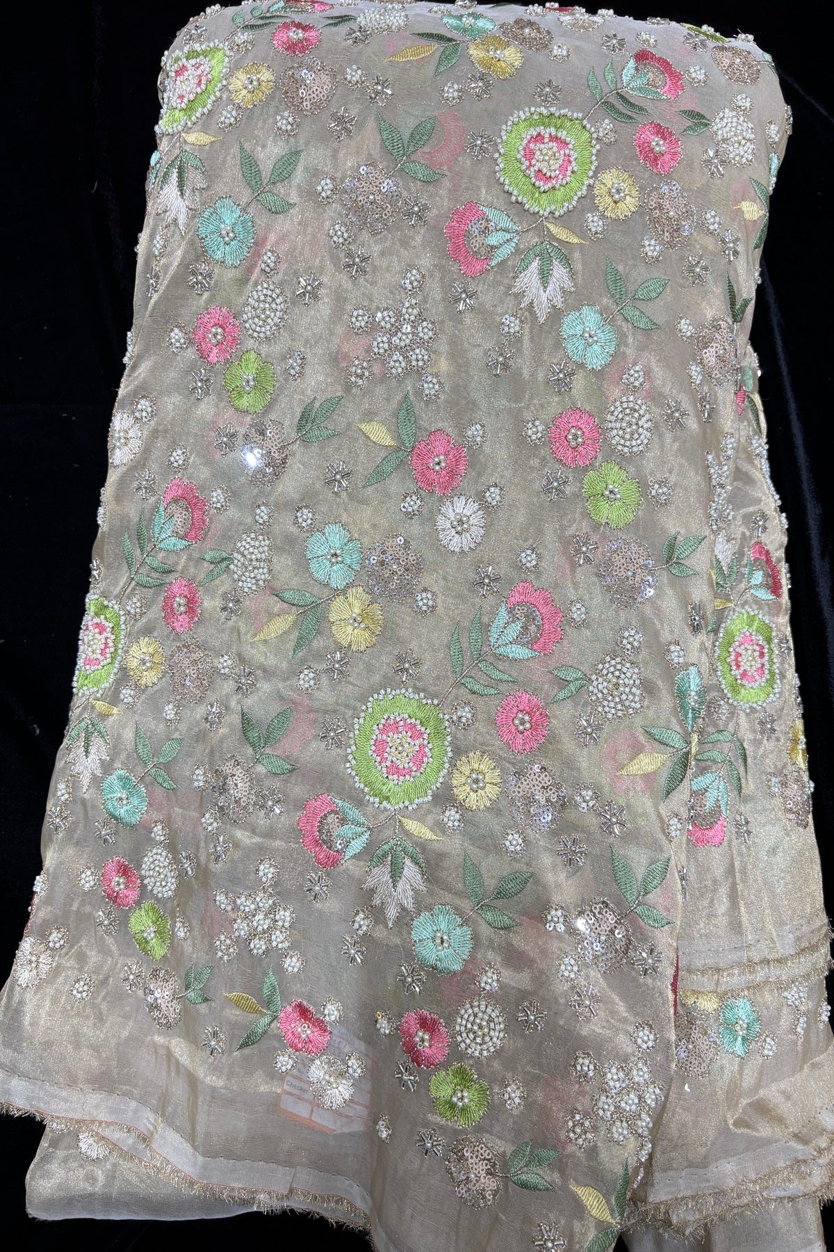 Multi Thread Floral Embroidery with Cutbeads & Pearls Highlighted Tissue Fabric