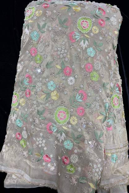 Multi Thread Floral Embroidery with Cutbeads & Pearls Highlighted Tissue Fabric