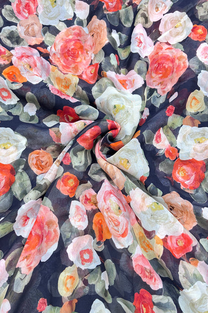 Rose Floral Bunches Printed Pure Viscose Georgette Fabric