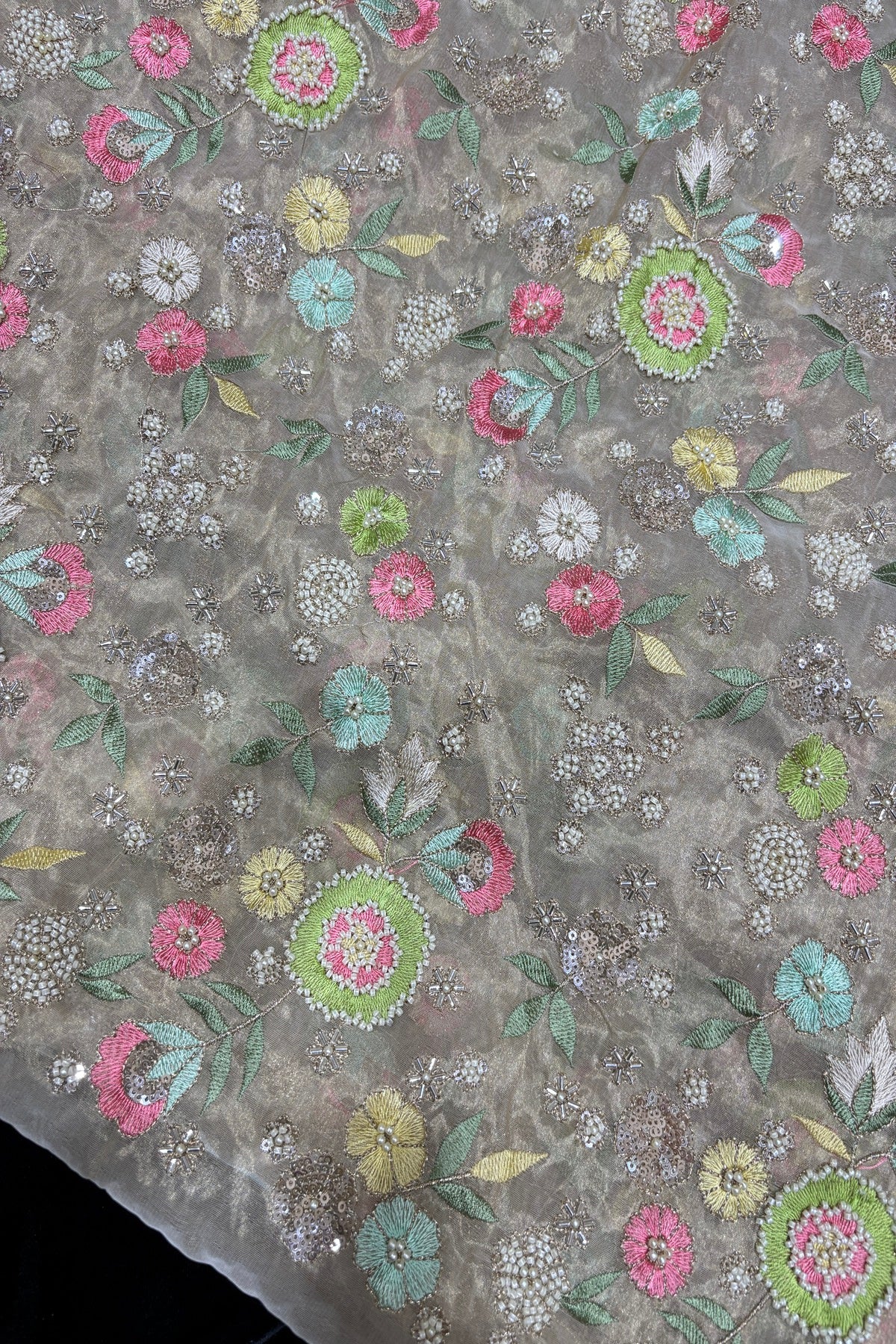 Multi Thread Floral Embroidery with Cutbeads & Pearls Highlighted Tissue Fabric