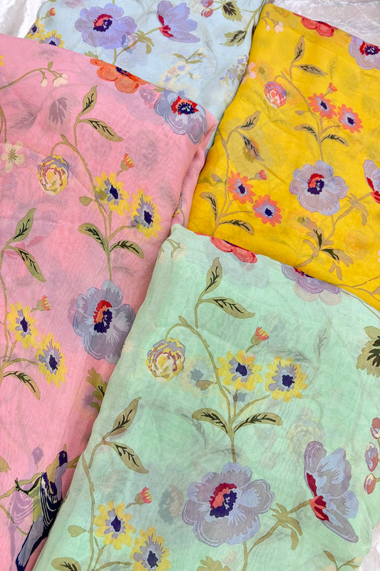 Birds & Floral Printed Pure Viscose Georgette Fabric